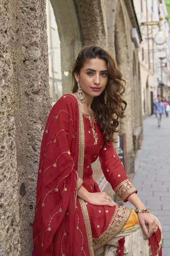 Red embroidered chinon free size stitched palazzo style salwar suit
