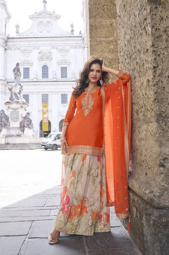 Orange embroidered chinon free size stitched palazzo style salwar suit