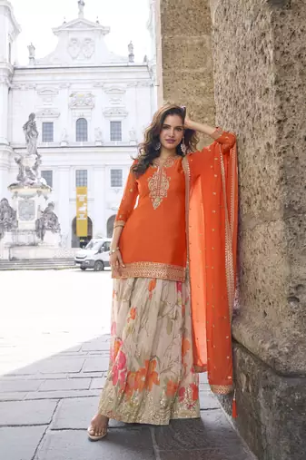 Orange embroidered chinon free size stitched palazzo style salwar suit