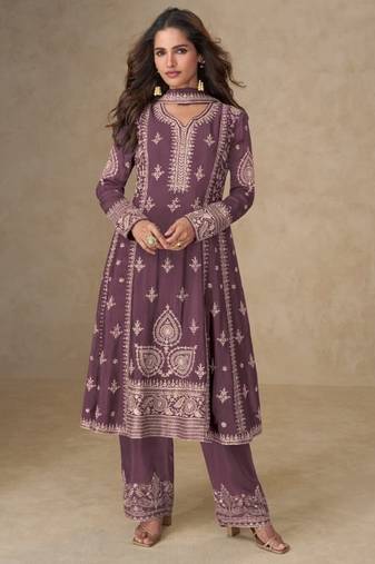 Lavender chinon silk semi stitched wedding suits