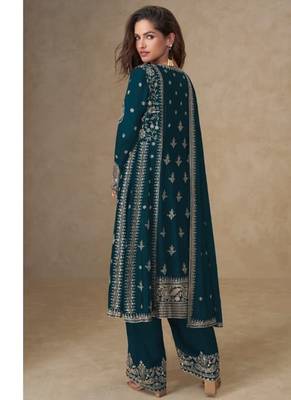 Teal chinon silk Embroidered Salwar suit-Full Stitched Free size 2