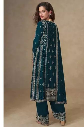 Teal chinon silk Embroidered Salwar suit-Full Stitched Free size