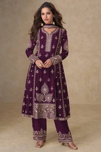 Purple chinon silk semi stitched wedding suits