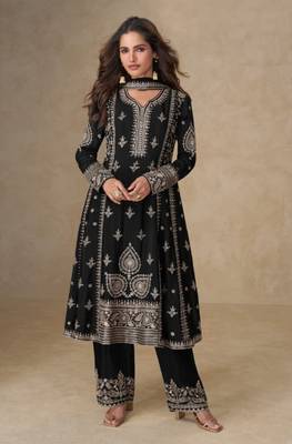Black chinon silk Embroidered Salwar suit-Full Stitched Free size 1