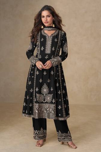Black chinon silk semi stitched wedding suits