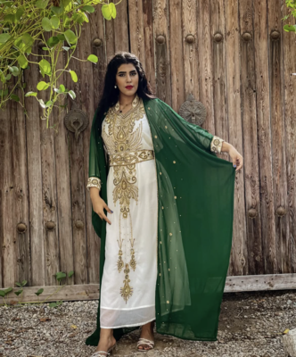 Emerald Green & White Moroccan Stitched Kaftan     Handcrafted Golden Embroidered Party Dress 1