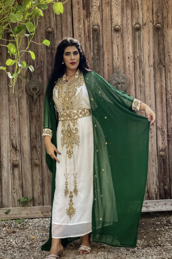 Emerald Green & White Moroccan Stitched Kaftan – Handcrafted Golden Embroidered Party Dress