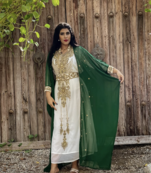 Emerald Green & White Moroccan Stitched Kaftan – Handcrafted Golden Embroidered Party Dress