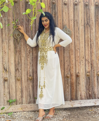 Emerald Green & White Moroccan Stitched Kaftan     Handcrafted Golden Embroidered Party Dress 2