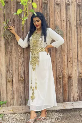 Emerald Green & White Moroccan Stitched Kaftan – Handcrafted Golden Embroidered Party Dress