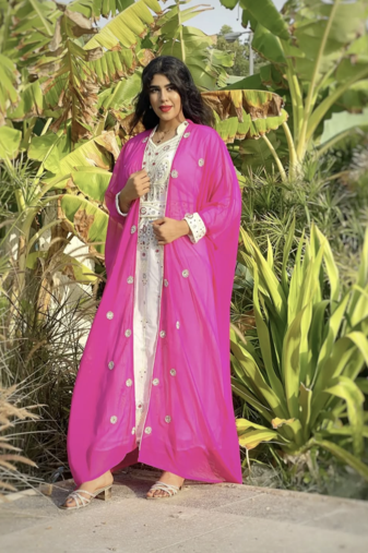 Hot Pink & White Moroccan Stitched Kaftan – Elegant Handcrafted Embroidered Party Dress