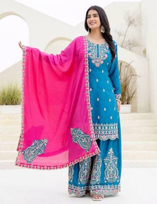 Teal chinnon silk party wear palazzo set- full free size 1