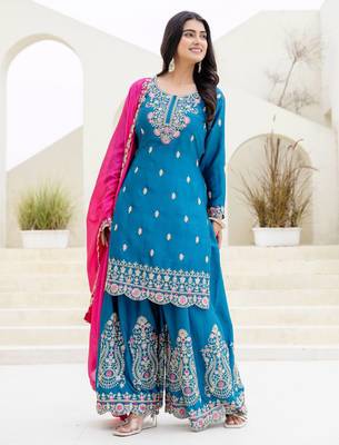 Teal chinnon silk party wear palazzo set- full free size 3