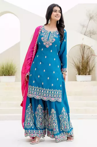 Teal chinnon silk party wear palazzo set- full free size