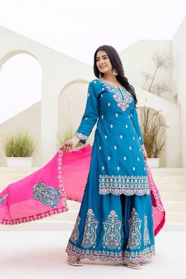 Teal chinnon silk party wear palazzo set- full free size 4