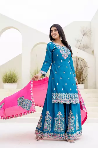 Teal chinnon silk party wear palazzo set- full free size