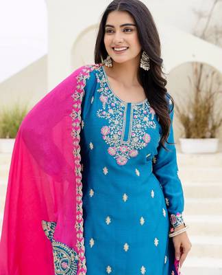 Teal chinnon silk party wear palazzo set- full free size 5