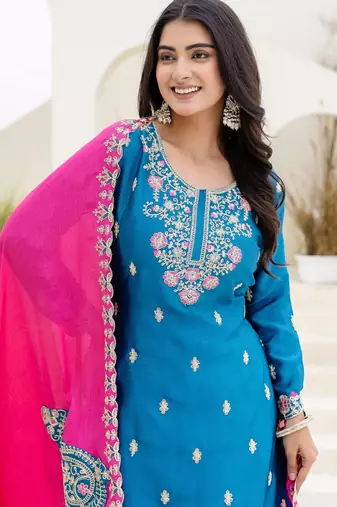 Teal chinnon silk party wear palazzo set- full free size