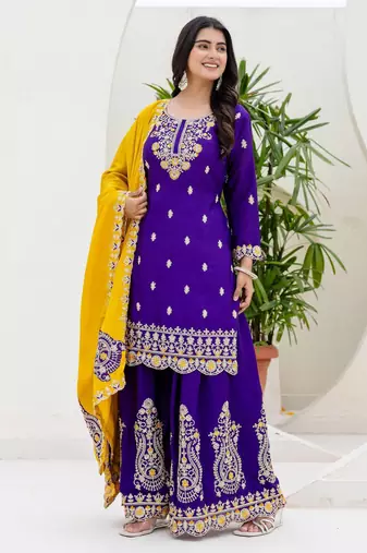 Purple color chinnon silk party wear plazo set- full stitched free size
