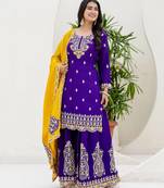 Purple color chinnon silk party wear plazo set- full stitched free size