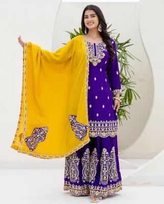 Purple chinnon silk party wear palazzo set- full free size 3