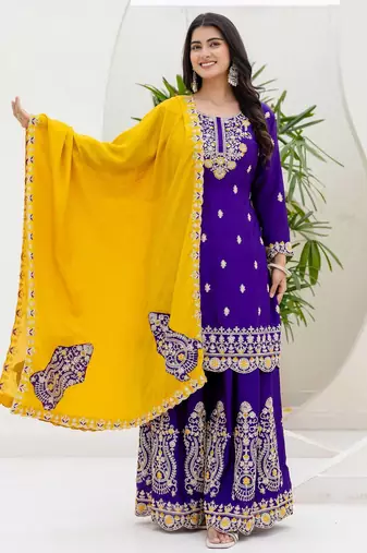 Purple chinnon silk party wear palazzo set- full free size