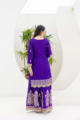 Purple chinnon silk party wear palazzo set- full free size