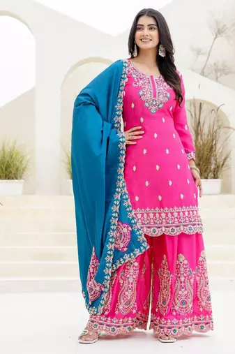 Pink color chinnon silk party wear plazo set