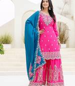 Pink color chinnon silk party wear plazo set