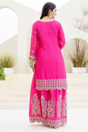 Pink chinnon silk party wear palazzo set