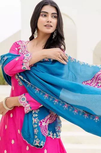 Pink chinnon silk party wear palazzo set