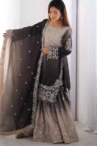 Multi color chinnon silk heavy embroidery work wedding wear sharara suit- full stitched free size
