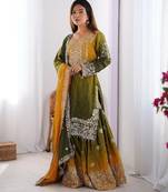 Multi color chinnon silk heavy embroidery work wedding wear sharara suit- full stitched free size