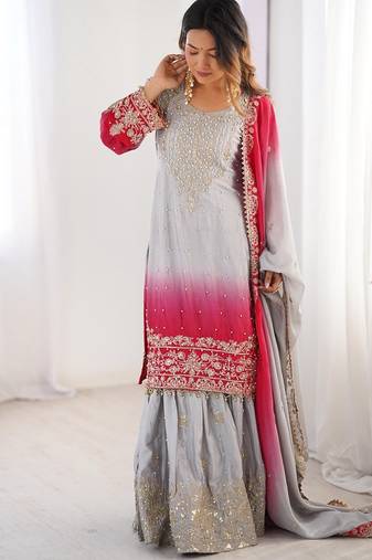 Multi color chinnon silk heavy embroidery work wedding wear sharara suit- full stitched free size