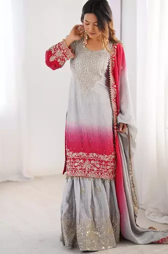 Multi color chinnon silk heavy embroidery work wedding wear sharara suit- full stitched free size