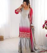 Multi color chinnon silk heavy embroidery work wedding wear sharara suit- full stitched free size