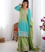 Multi color chinnon silk heavy embroidery work wedding wear sharara suit- full stitched free size