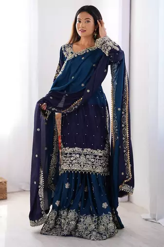 Multi color chinnon silk heavy embroidery work wedding wear sharara suit- full stitched free size