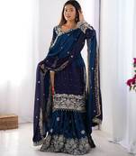 Multi color chinnon silk heavy embroidery work wedding wear sharara suit- full stitched free size