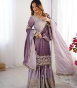 Multi color chinnon silk heavy embroidery work wedding wear sharara suit- full stitched free size