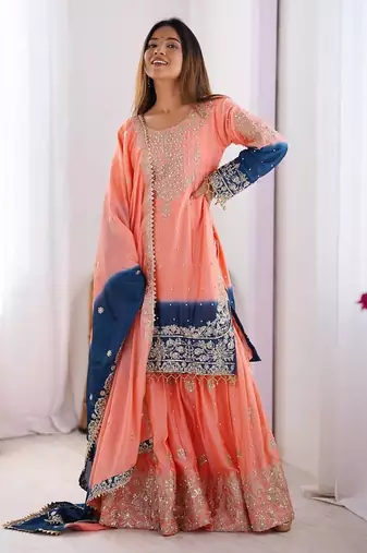 Multi color chinnon silk heavy embroidery work wedding wear sharara suit- full stitched free size