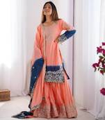 Multi color chinnon silk heavy embroidery work wedding wear sharara suit- full stitched free size