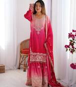 Multi color chinnon silk heavy embroidery work wedding wear sharara suit- full stitched free size