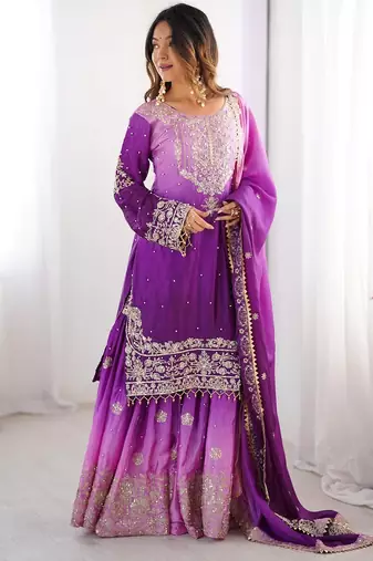 Multi color chinnon silk heavy embroidery work wedding wear sharara suit- full stitched free size