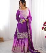 Multi color chinnon silk heavy embroidery work wedding wear sharara suit- full stitched free size