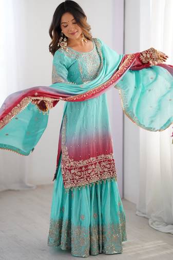 Multi color chinnon silk heavy embroidery work wedding wear sharara suit- full stitched free size