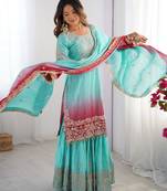 Multi color chinnon silk heavy embroidery work wedding wear sharara suit- full stitched free size