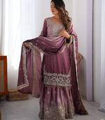 Multi color chinnon silk heavy embroidery work wedding wear sharara suit- full stitched free size