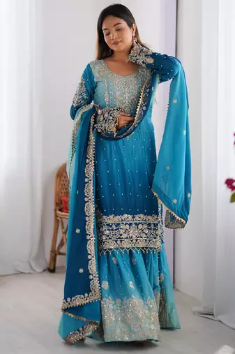 Multi color chinnon silk heavy embroidery work wedding wear sharara suit- full stitched free size