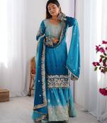 Multi color chinnon silk heavy embroidery work wedding wear sharara suit- full stitched free size